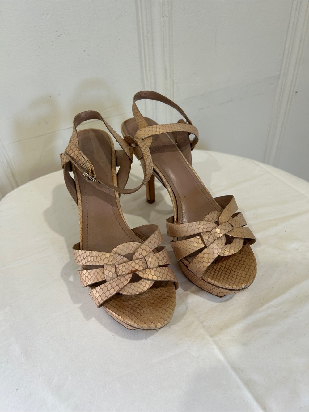 Vince Camuto Snakeskin-Textured Tan Strappy High-Heel Sandals